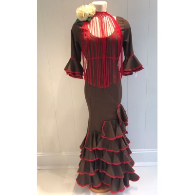 VESTIDO FLAMENCA MARRON Y ROJO CON MANGAS