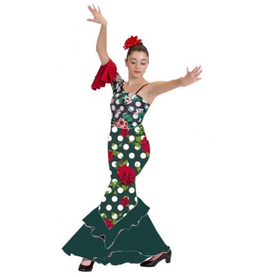 FALDA FLAMENCA ESTAMPADA EN VERDE ENTALLADA CON FAJÍN